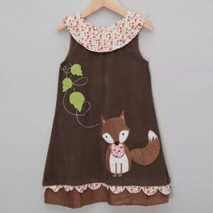 Toddler Girls Powell Craft England Dark Brown Corduroy Fox Applique Dress sz 2/3